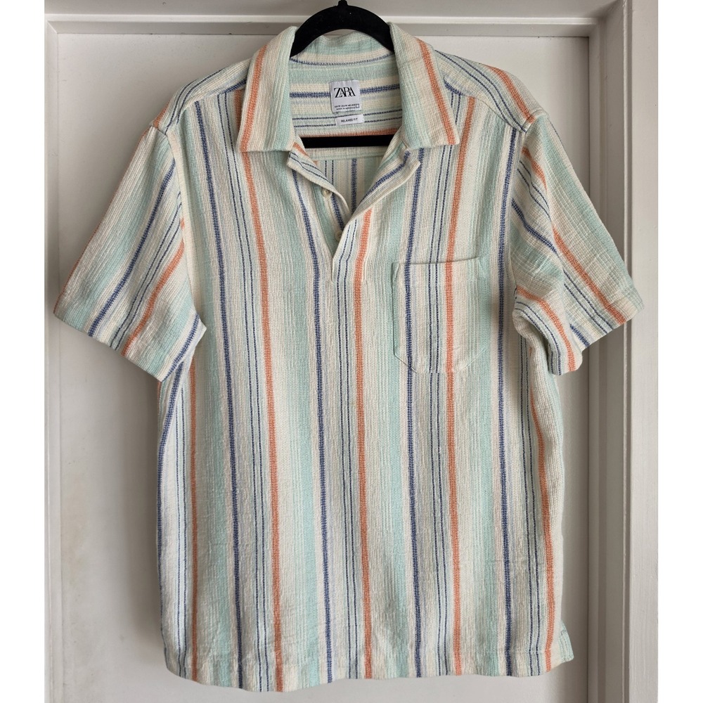 Zara Polo Shirt Men M Striped Multi-Color Short Sleeve Casual Resort Top